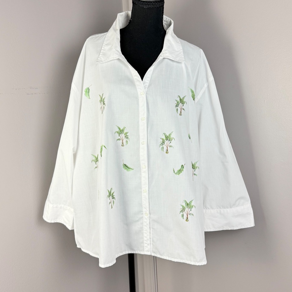 Las Olas White Button Up Shirt 2X Tropical Palm Tree Embroidered Oversized Boho